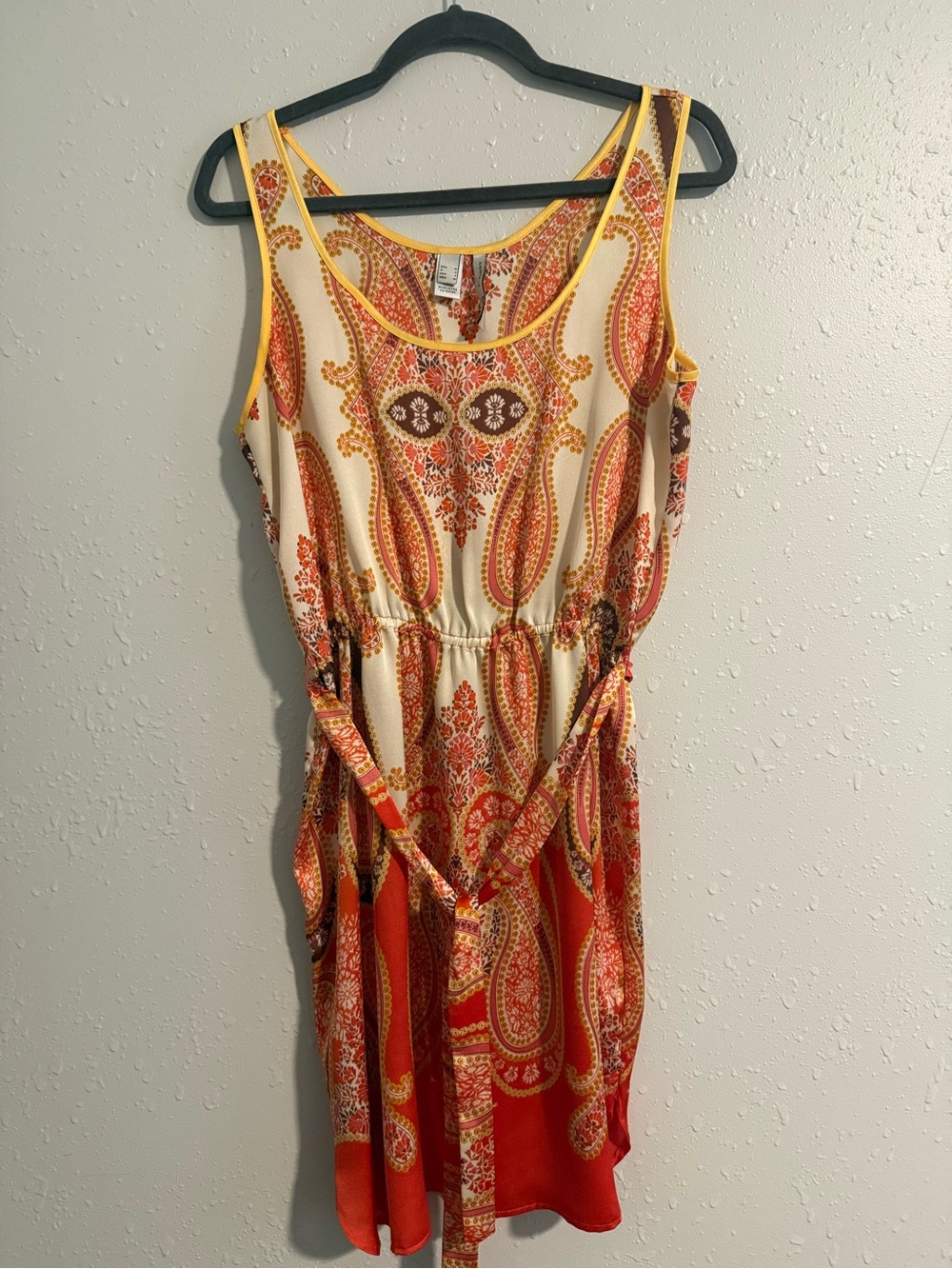 MNG by Mango Tangerine, Yellow & Cream Paisley Print Dress EUC